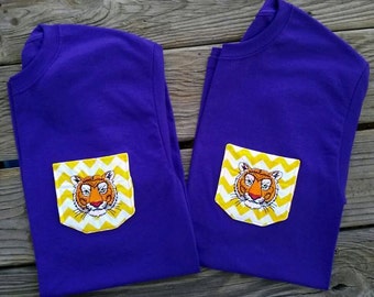 LSU Tiger Pocket Tshirt womans monogrammed youth girls baby toddler any size color design southern purple yellow Chevron