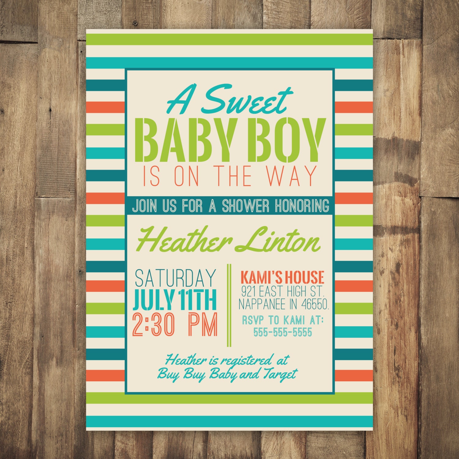 Boy Baby Shower Invitation Stripe Baby Shower Invitation