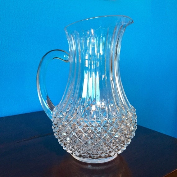 Large Vintage Cut Crystal Glass Pitcher With Handle Hobnail 7861