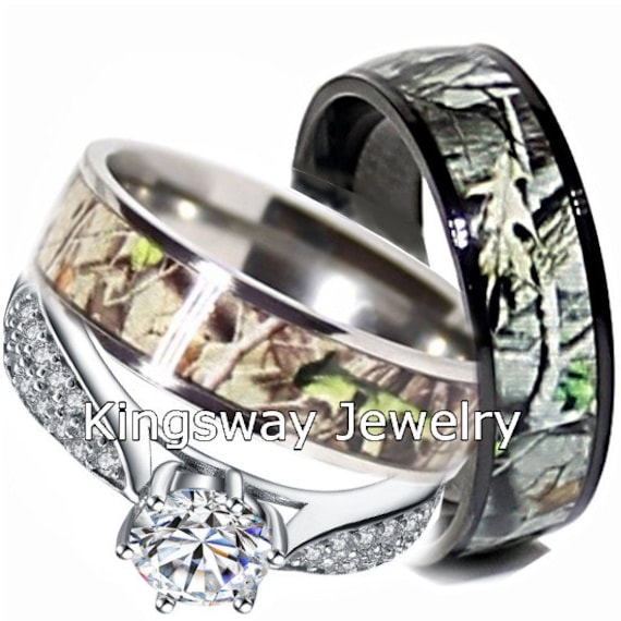 Camo Wedding Ring Set for Him and Her, Titanium, Black IP, Sterling ...