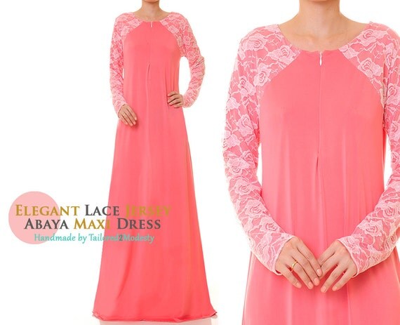 Floral Lace Sleeves Front Zip Coral Pink Jersey Modest Abaya Maxi Dress ...