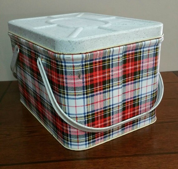 Vintage GSW Plaid Metal Picnic Basket