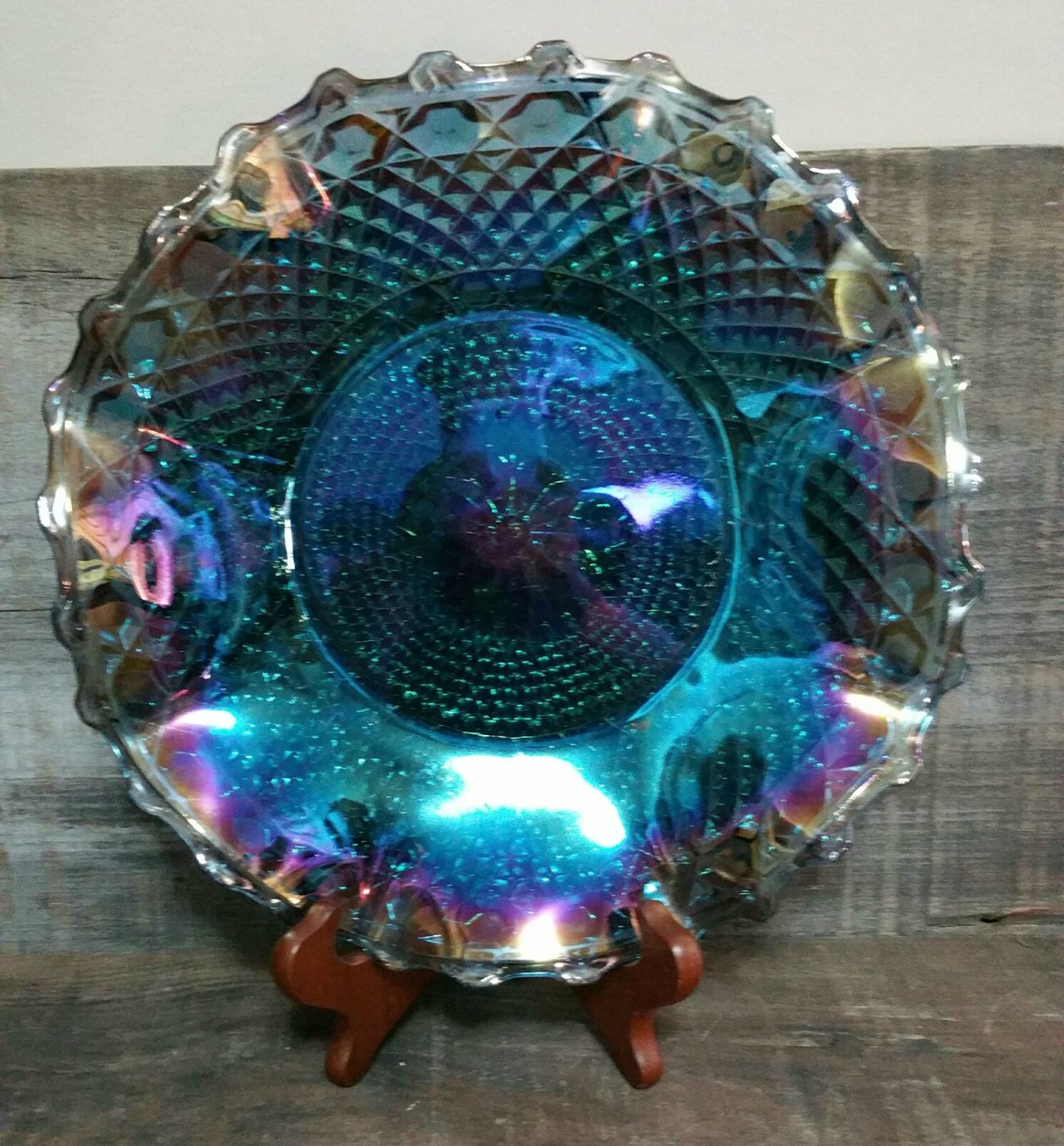 Vintage Indiana Glass Iridescent Blue Carnival Glass Crimped