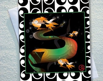 GOLDFISH card,GOLDFISH cartoons,colourful orange and black 3D goldfish,retro design background,ecofriendly,sustainable card,4.13" x 5.82"