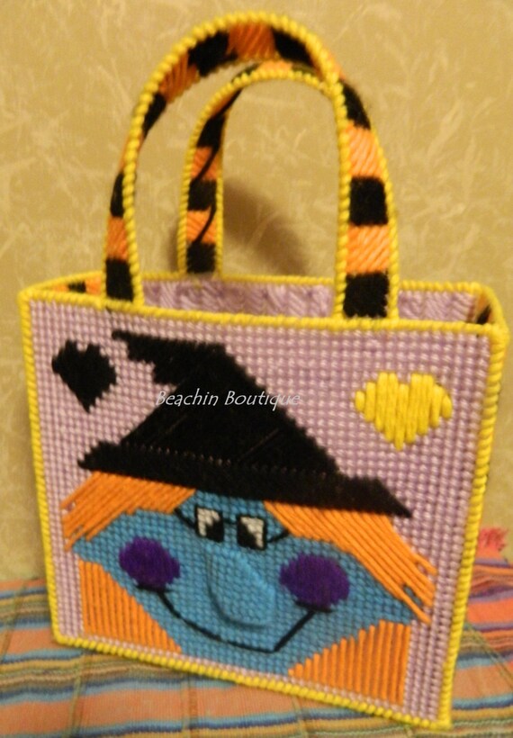Halloween Witch Treat Tote Gift bag Plastic Canvas Completed