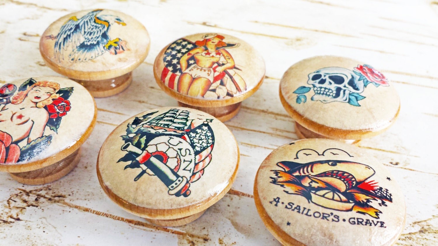 6 Retro Tattoo Knobs Man Cave Drawer Pulls Eagle Sexy