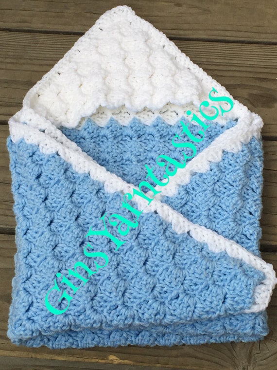 Hooded Swaddling Blanket/Crocheted Baby Boy by GinsYarntastics