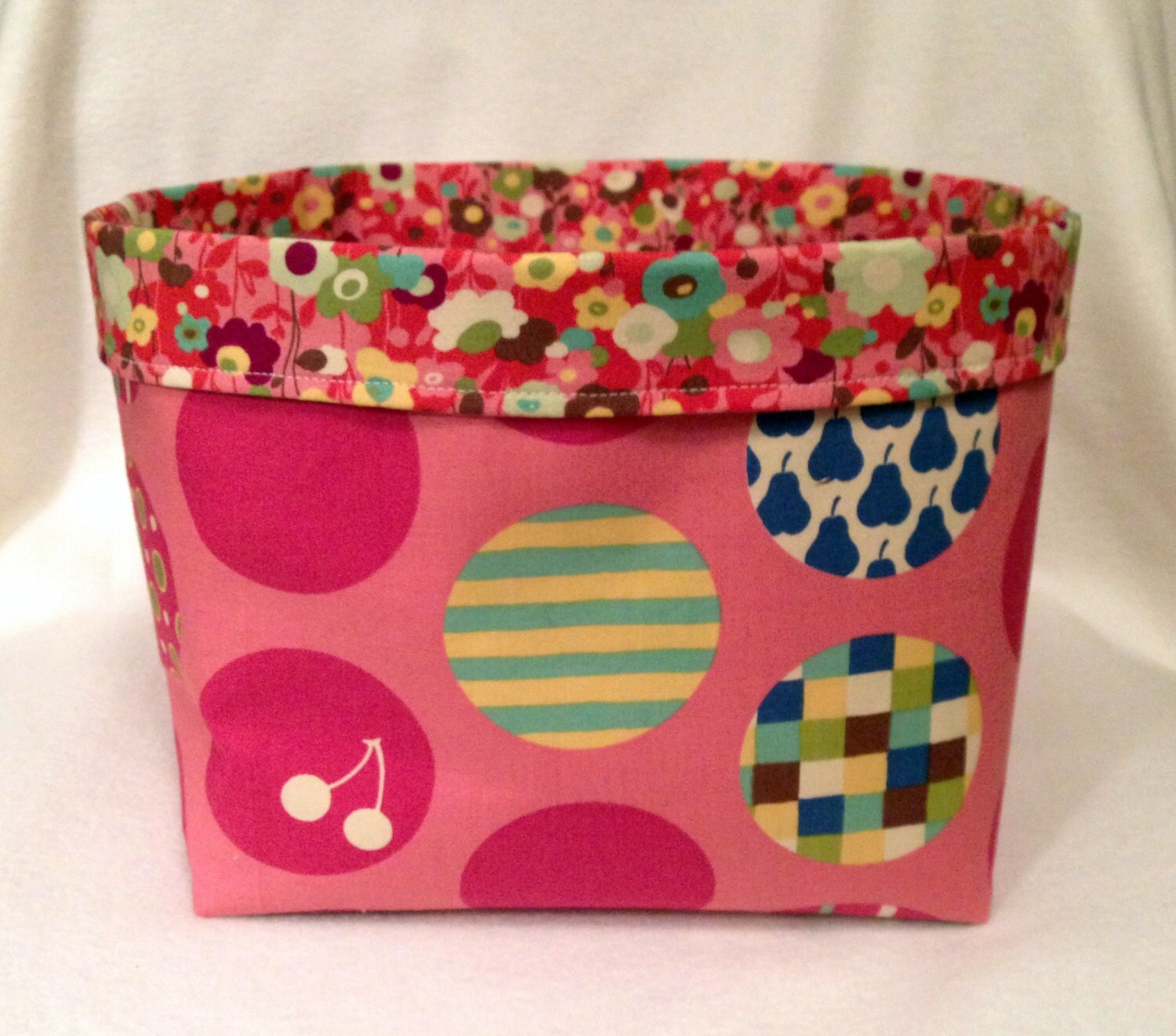 Fabric bin storage bin light pink circles by SeeJaneCJaneSew