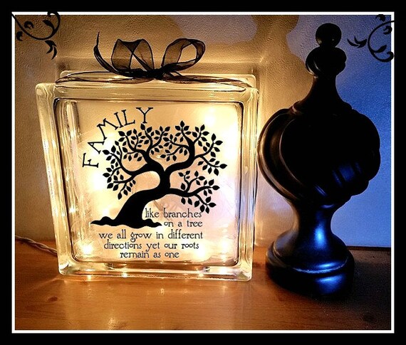 Family Quote with Tree Glass Block Night Light