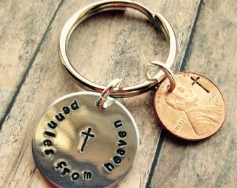 Handstamped personalized penny keychain - pennies from heaven - pick a penny year - 70's-2016 - message for earlier years - engraved penny