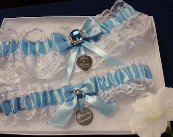 White lace garter set, Lt. blue satin, Acrylic Rhinestone Connector, personalized tag, Wedding garter, Bridal garter, Custom garter