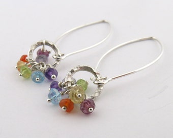 Chakra Earrings Sterling Silver Large Wire Earrings Seven Gemstone Earrings Hammered Ring Earrings Chakra Jewelry