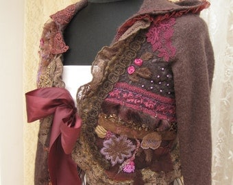 Ornate Romantic hood bolero jacket, shabby chic in browns, hand-embroidered, bead embroidered, reworked, upcycled clothing, Art to wear,