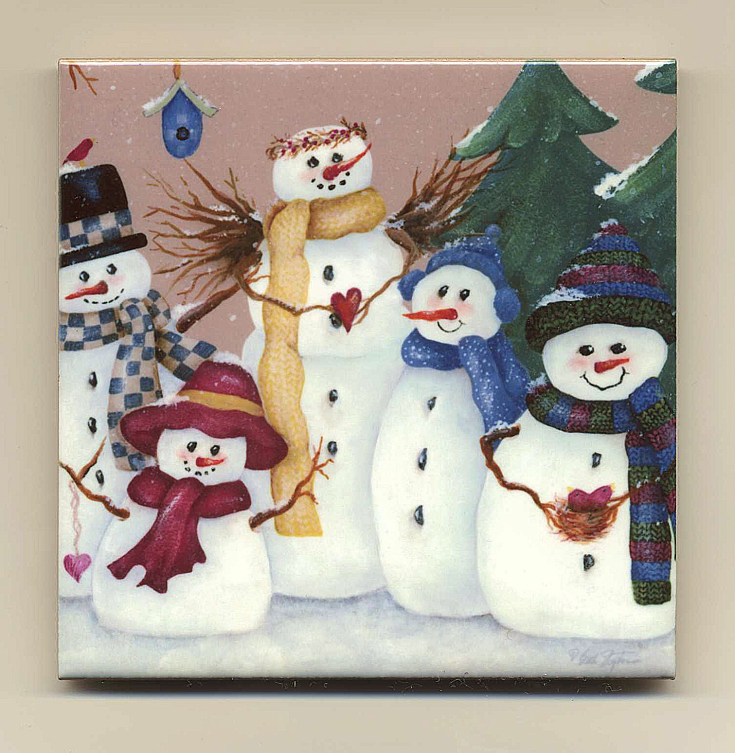 Primitive Snowmen Tile Coaster Primitve Snowman Painting