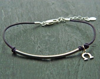 Leather sterling silver bracelet.Good luck bracelet.Horseshoe bracelet.Sterling silver bracelet.Leather bracelet.Friendship bracelet.L027
