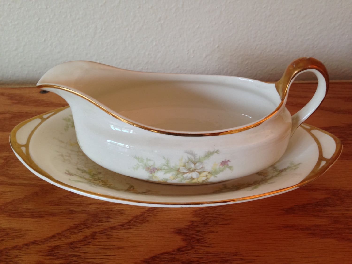 Vintage K T & K China Gravy Bowl and Saucer Gold Trim 1911