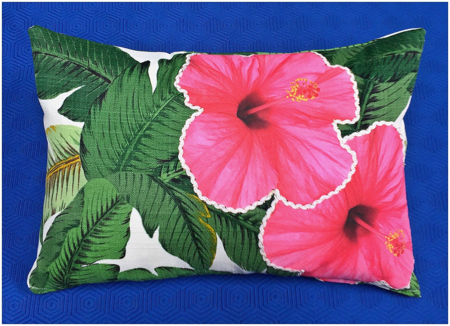 Pink hibiscus flower throw pillow cover white braided trim