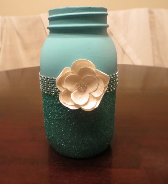 Teal Mason Jar/Flower Vase by CustomPaintedJars on Etsy