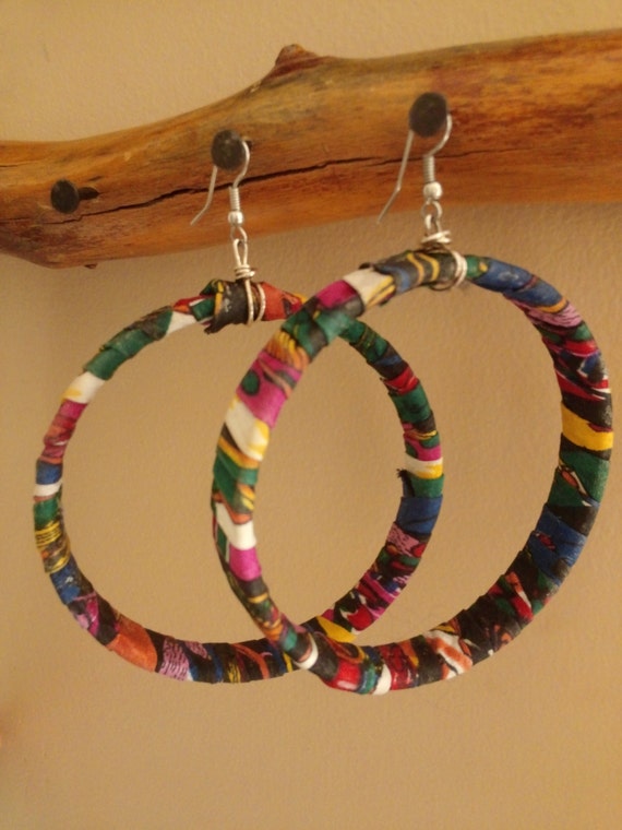 Woven Multi Colored Hoop Earrings Large by BohemeBits on Etsy
