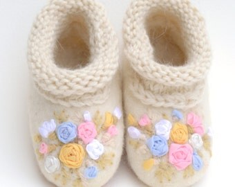 Hand Felted Children's Shoes "Little Roses" UK Size 2