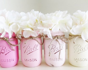 Pink Baby Shower Centerpieces, Pink Ombre Painted Mason Jars, Rustic Home Decor, Breast Cancer Awareness, Girl Birthday Party, Wedding Set