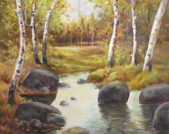Impressionist vintage oil painting landscape birch