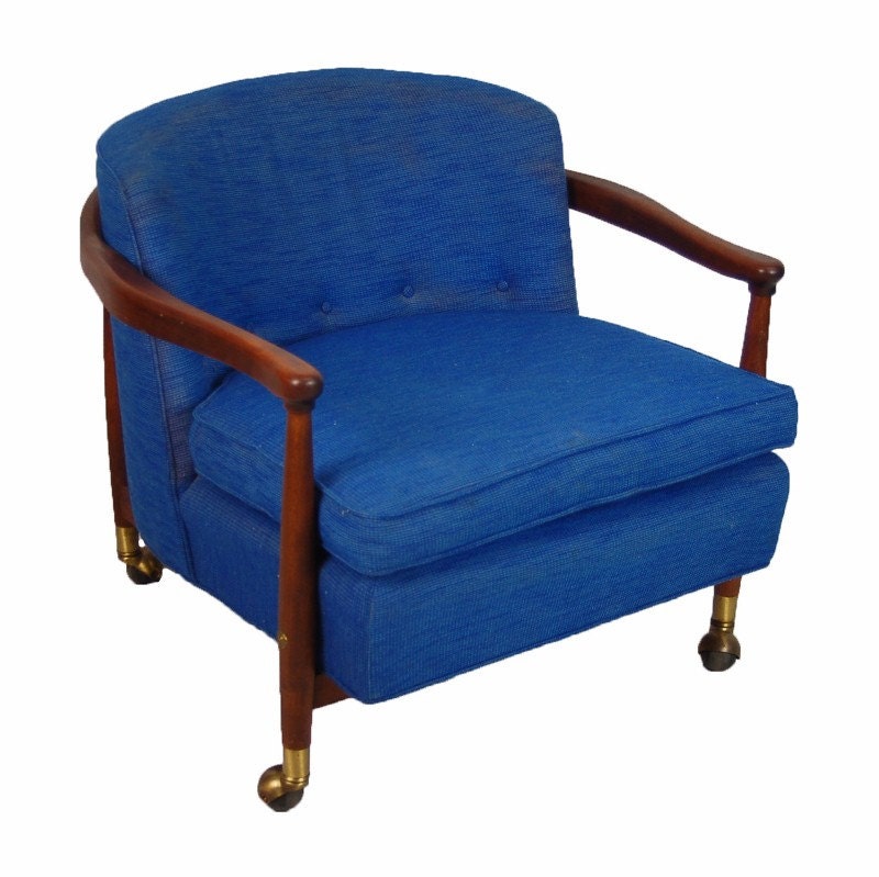 Vintage Mid-century Modern Teak Blue Upholstered Rolling Lounge Arm