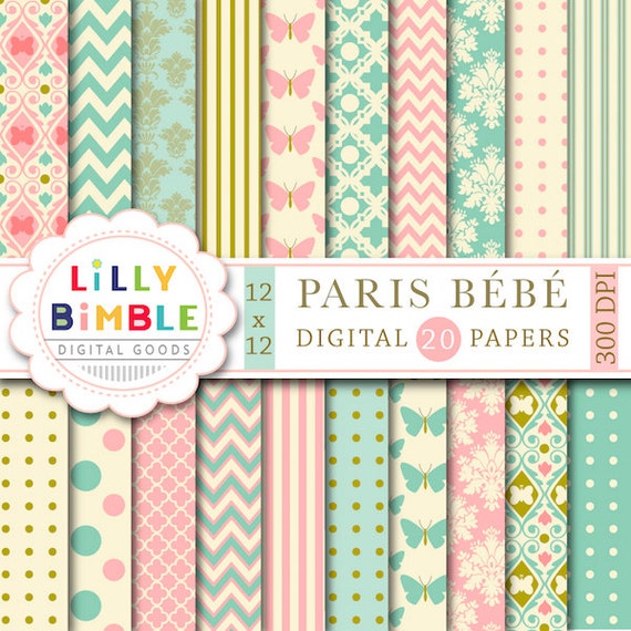 60% off PARIS BEBE digital papers in teal and salmon pink, modern scrapbook papers for cards, crafts and design elegant Digital Download Il_570xn