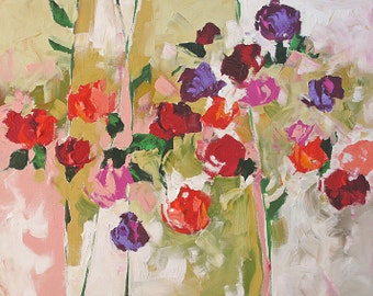 Abstract Floral Acrylic Painting Giclee Print Made To Order Red Violet Pink Roses Impressionist Fine Art Print Wall Decor by Linda Monfort