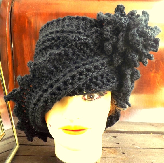 Black Crochet Hat Womens Hat LAUREN Crochet by strawberrycouture