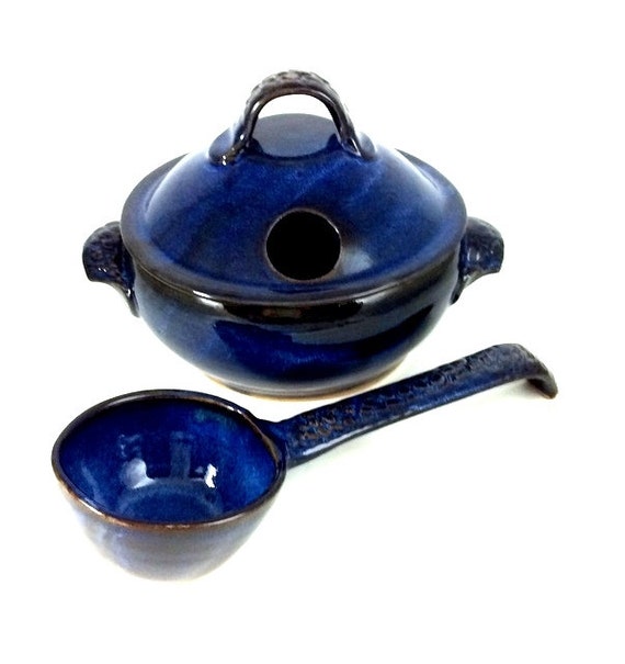 Cobalt Blue Soup Tureen and Ladle Stoneware by donnakellerpottery