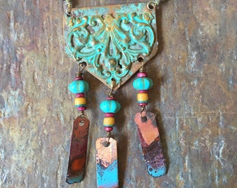 Delicious Bohemian Copper Necklace with Torch Fired Enamel Dangles