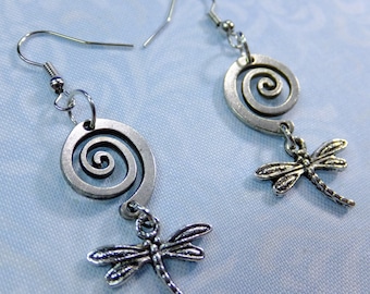 Spiral Flight Dragonfly Pewter Dangle Earrings