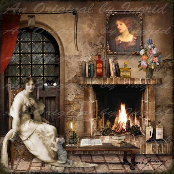 By the Fire Digital Collage Greeting Card (Suitable for Framing)