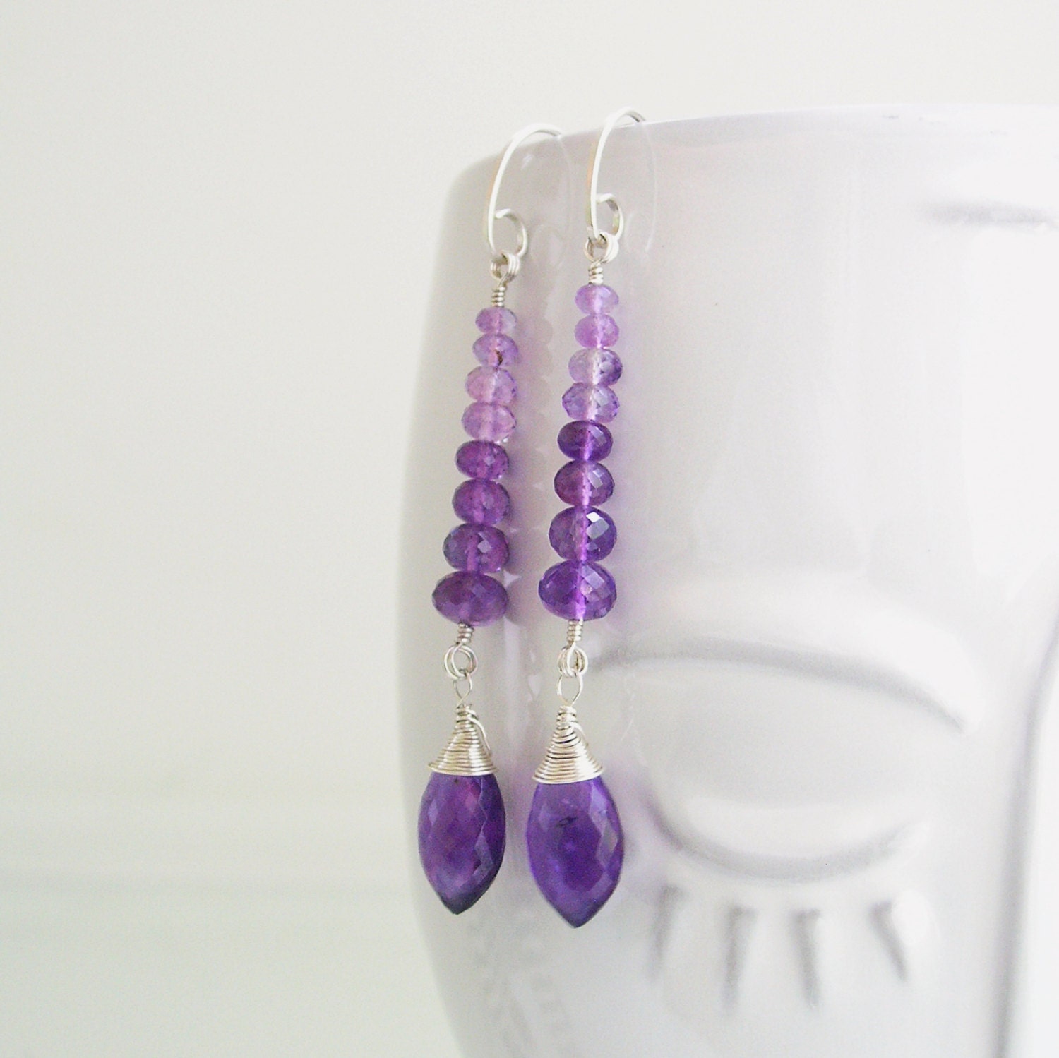 Linear Sterling Silver and Stacked Ombre Amethyst Earrings