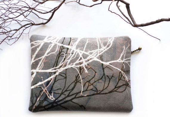 Clutch purse, zipper bag, for her, pouch, black and white branches, reflection, TWIGS