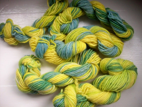 Hand dyed wool, blue, yellow, green aran weight, worsted. uk by SpinningStreak