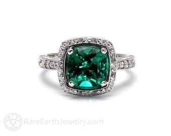 Art Deco Engagement Ring Emerald Ring Cushion Diamond Halo 14K or 18K Gold Platinum Vintage May Birthstone
