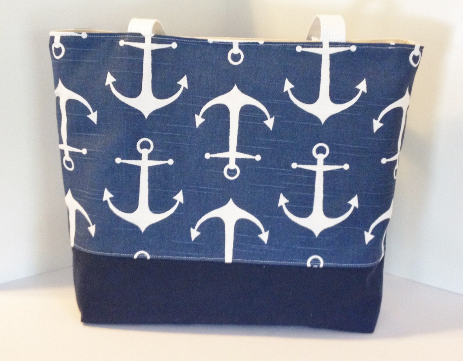Nautical Tote Beach bag in ANCHORS Navy Blue and White