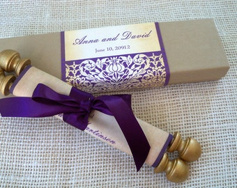Scroll wedding invitations, purple and gold, fabric scroll with presentation box, {25}