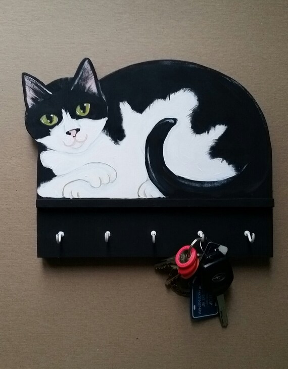 Tuxedo Cat Key Rack Holder Functional Wood Art by kittycatstudio