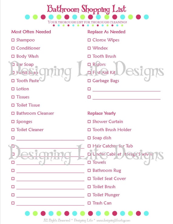 Bathroom Cleaning and Shopping Checklist Two Printable Lists