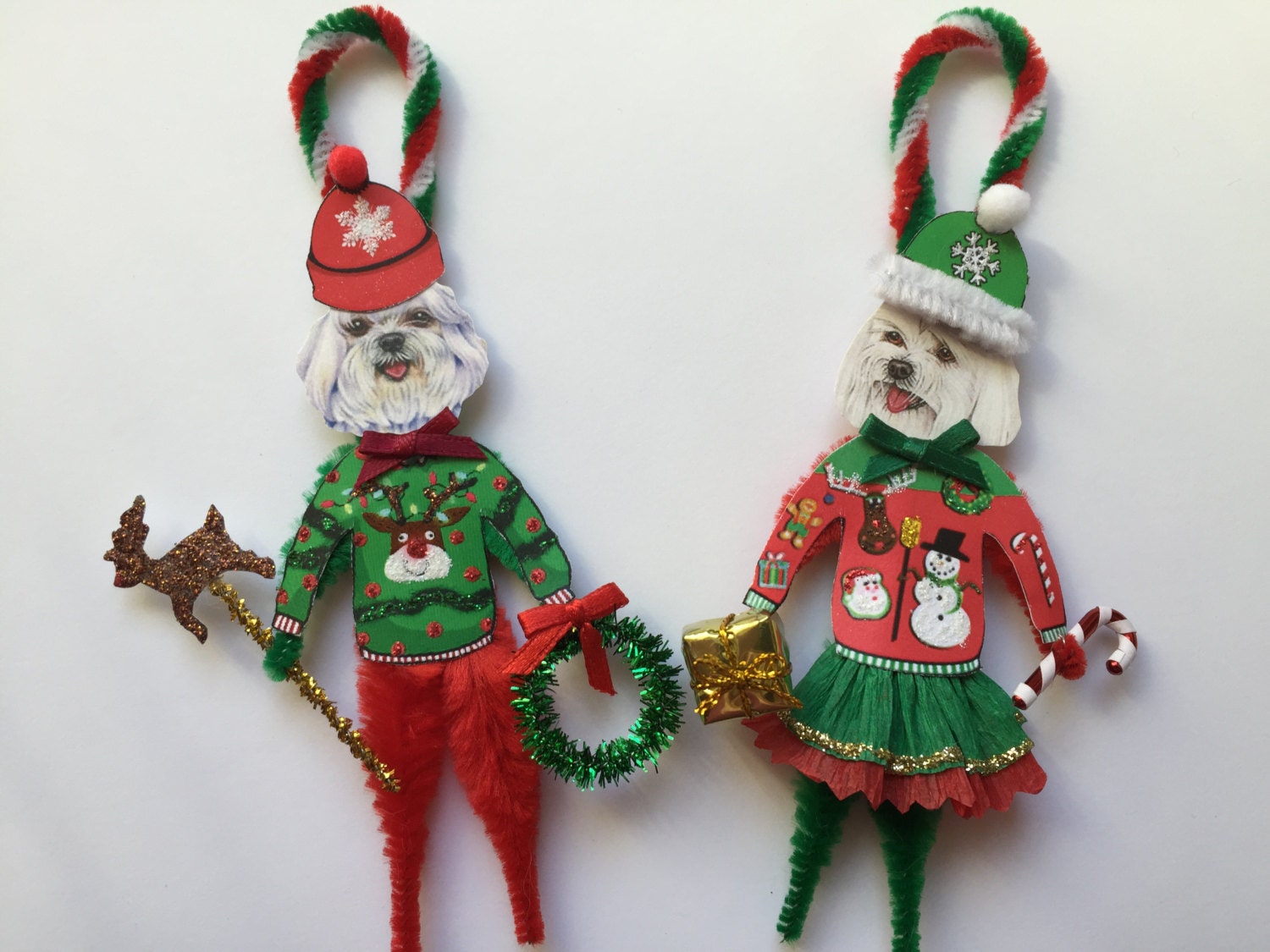 Maltese CHRISTMAS ornaments UGLY SWEATER dog ornaments vintage