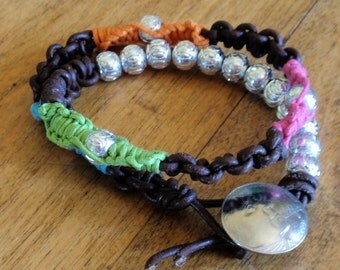 Leather, Colored Cord and Silver Bracelet