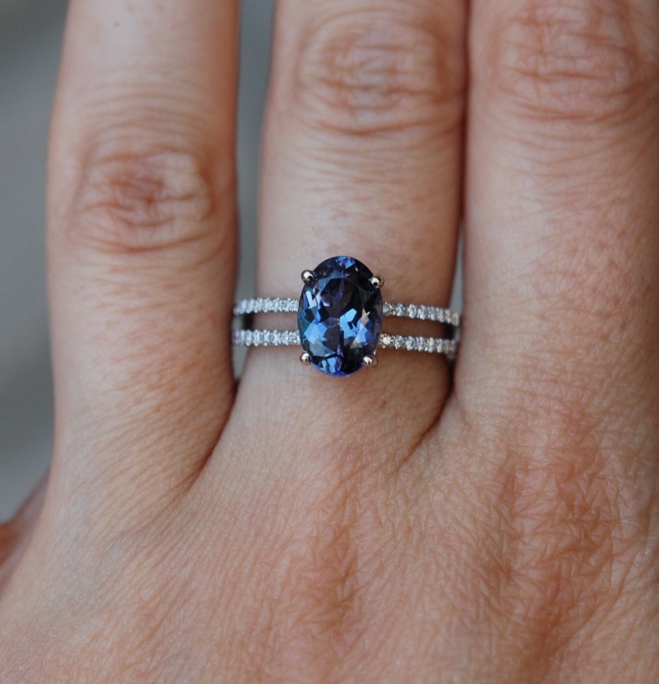 Engagement ring. Tanzanite ring. Blue Tanzanite 3.58ct Oval double band ...