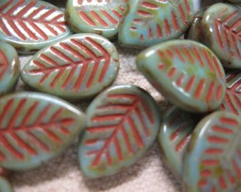 10 Green Large Flat Czech Pressed Glass Leaf Beads with Red Picasso Detail 16mm x 12mm