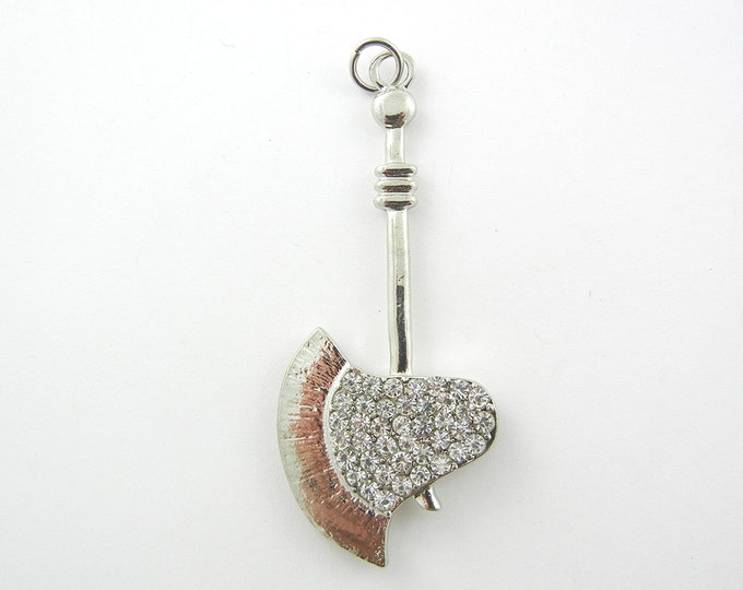 Silver-tone Medieval Axe or Hatchet Pendant with Doublesided Rhinestones