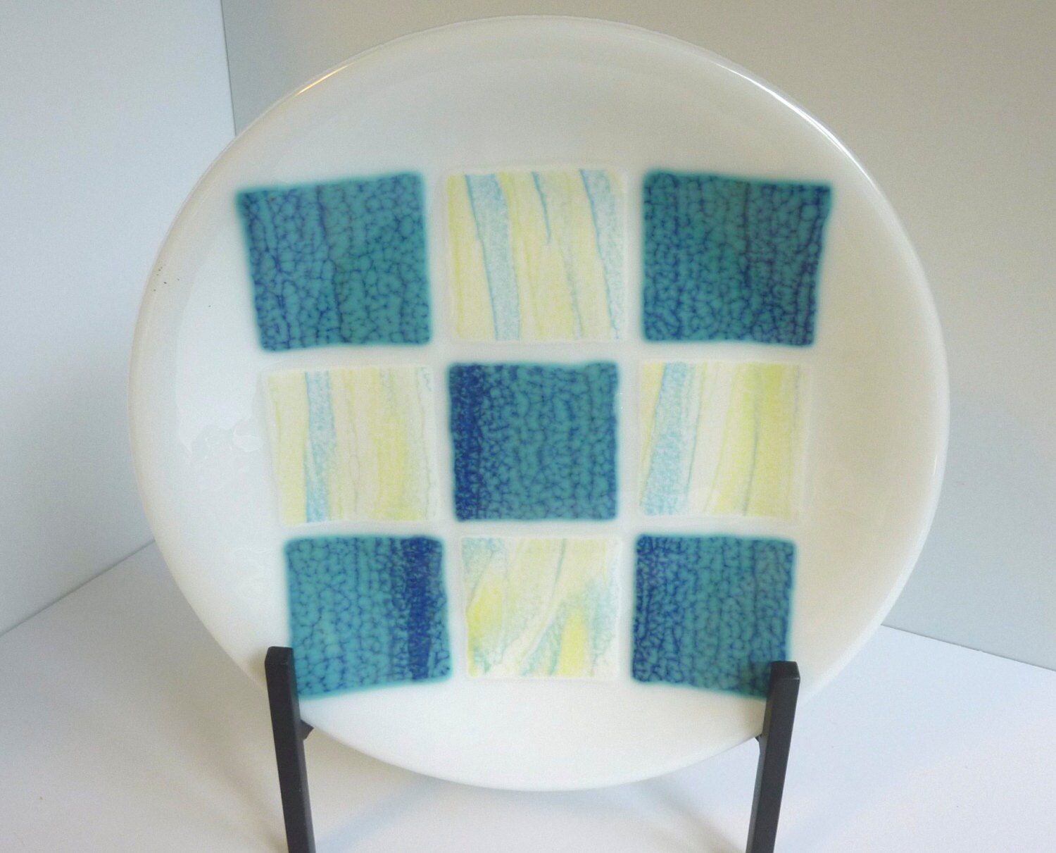 Fused Glass Round Plate in White with Shades of Blue by BPRDesigns