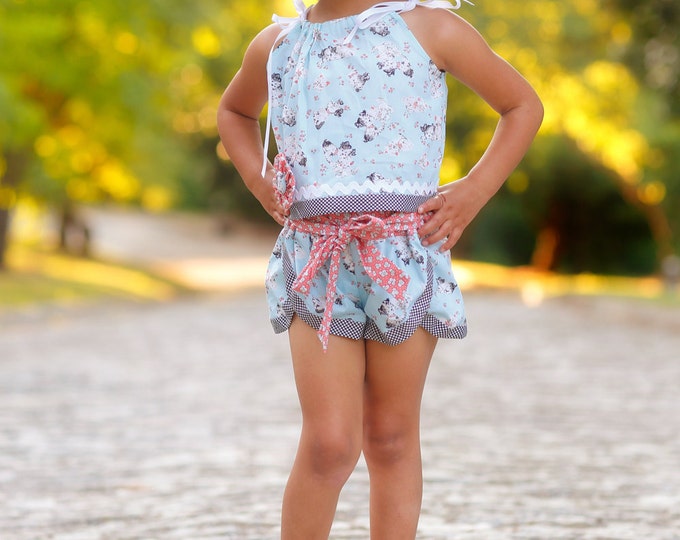 Girls Shorts Set - Summer Toddler Clothes - Outfit - Blue - Birthday Outfit - Split Shorts - sizes 2T to 8 Years