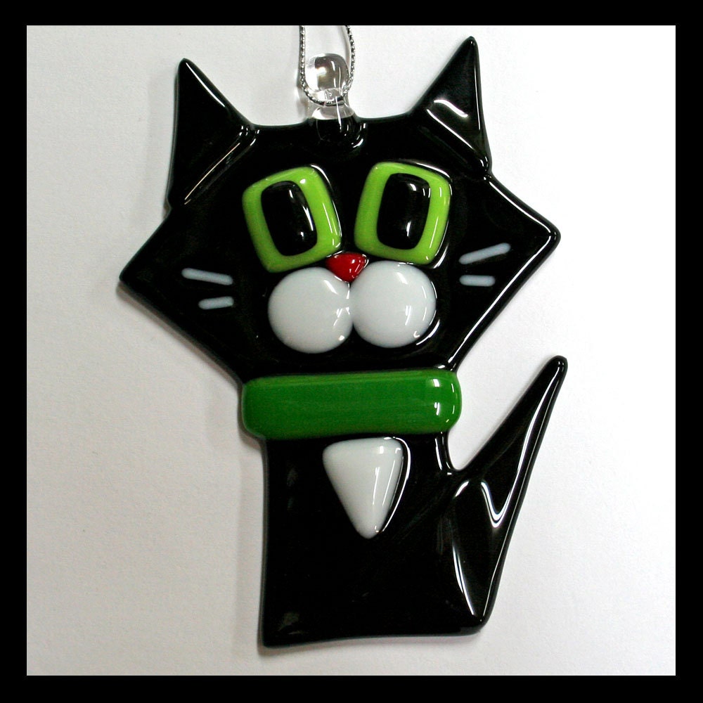 Glassworks Northwest Black Cat w/ White Cheeks Fused Glass